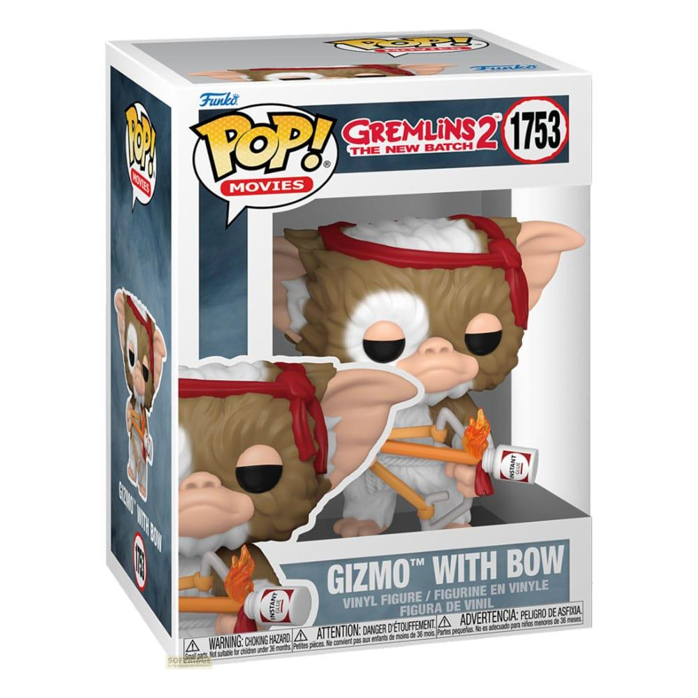 Una figura de vinilo Funko Pop! Gremlins 2 Gizmo con arco en una caja.