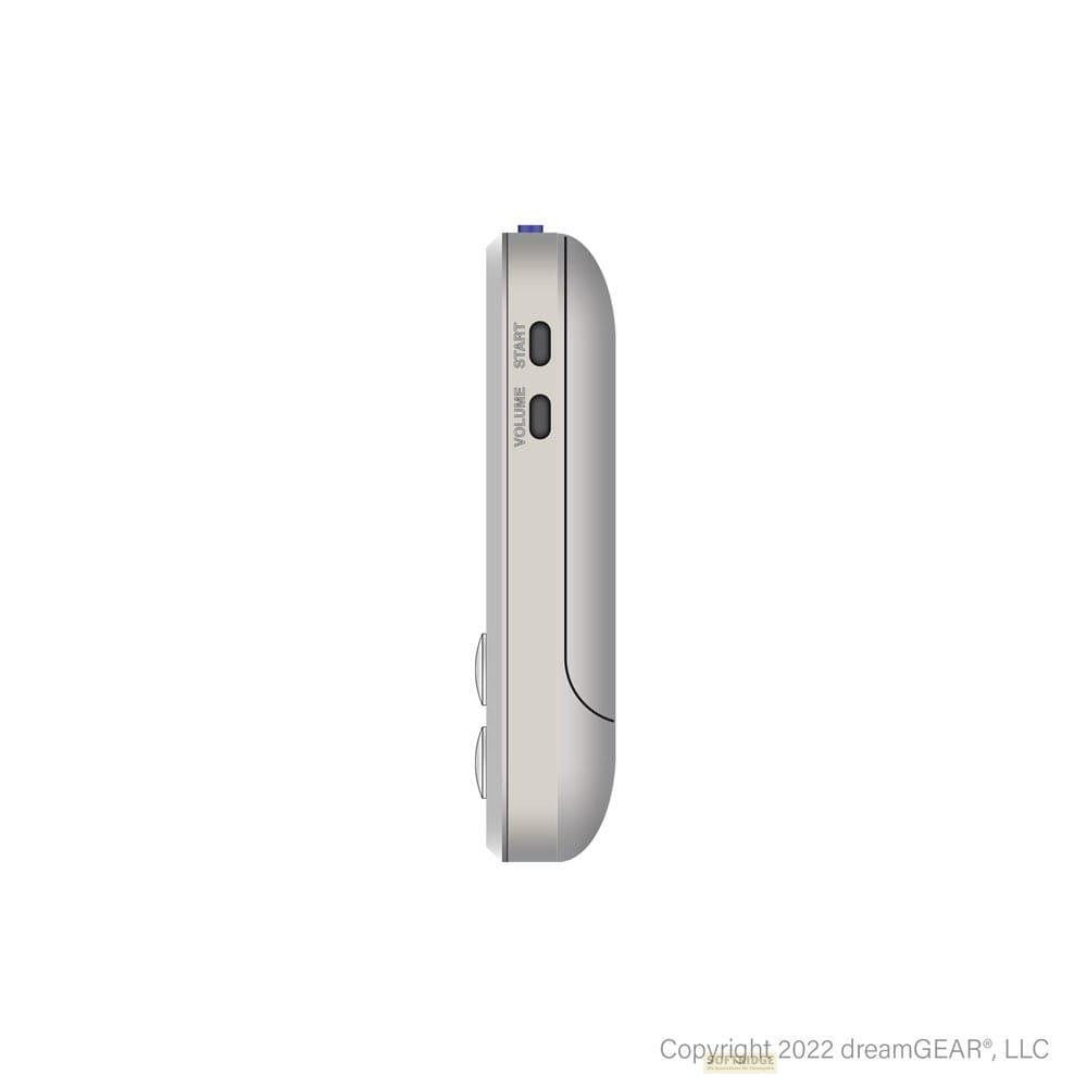 Silbernes Handheld-Gerät mit Lautstärke- und Startknöpfen.