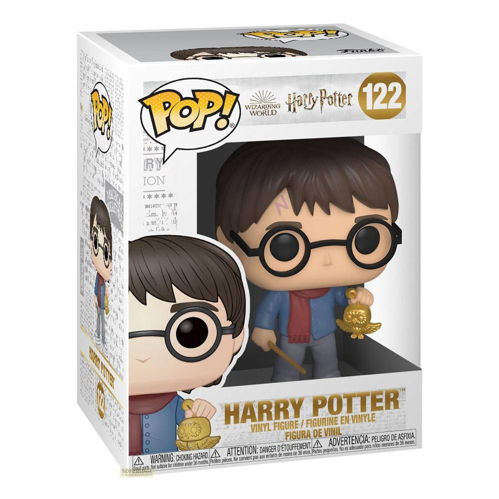 Action figure Funko Pop di Harry Potter in scatola, con gufo e bacchetta.