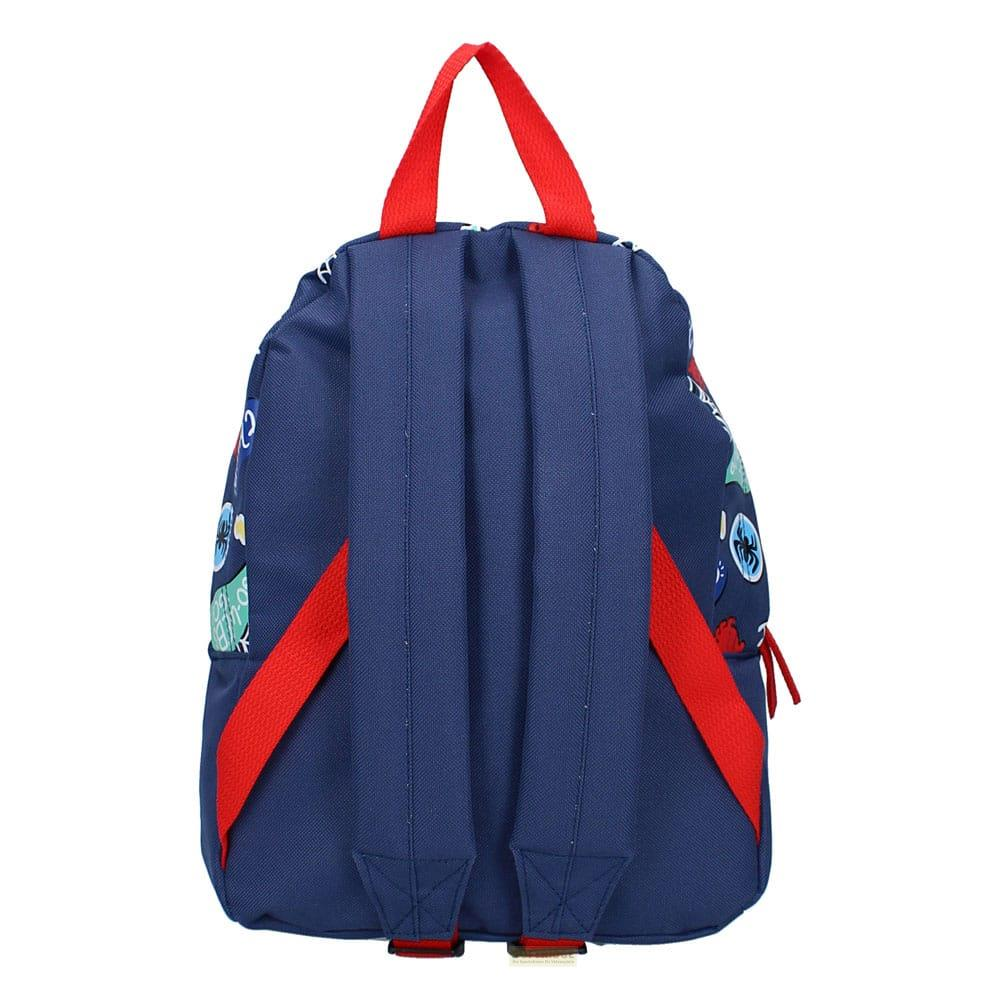 Ein dunkelblauer Rucksack mit roten Trägern und einem Muster aus verschiedenen Figuren.
