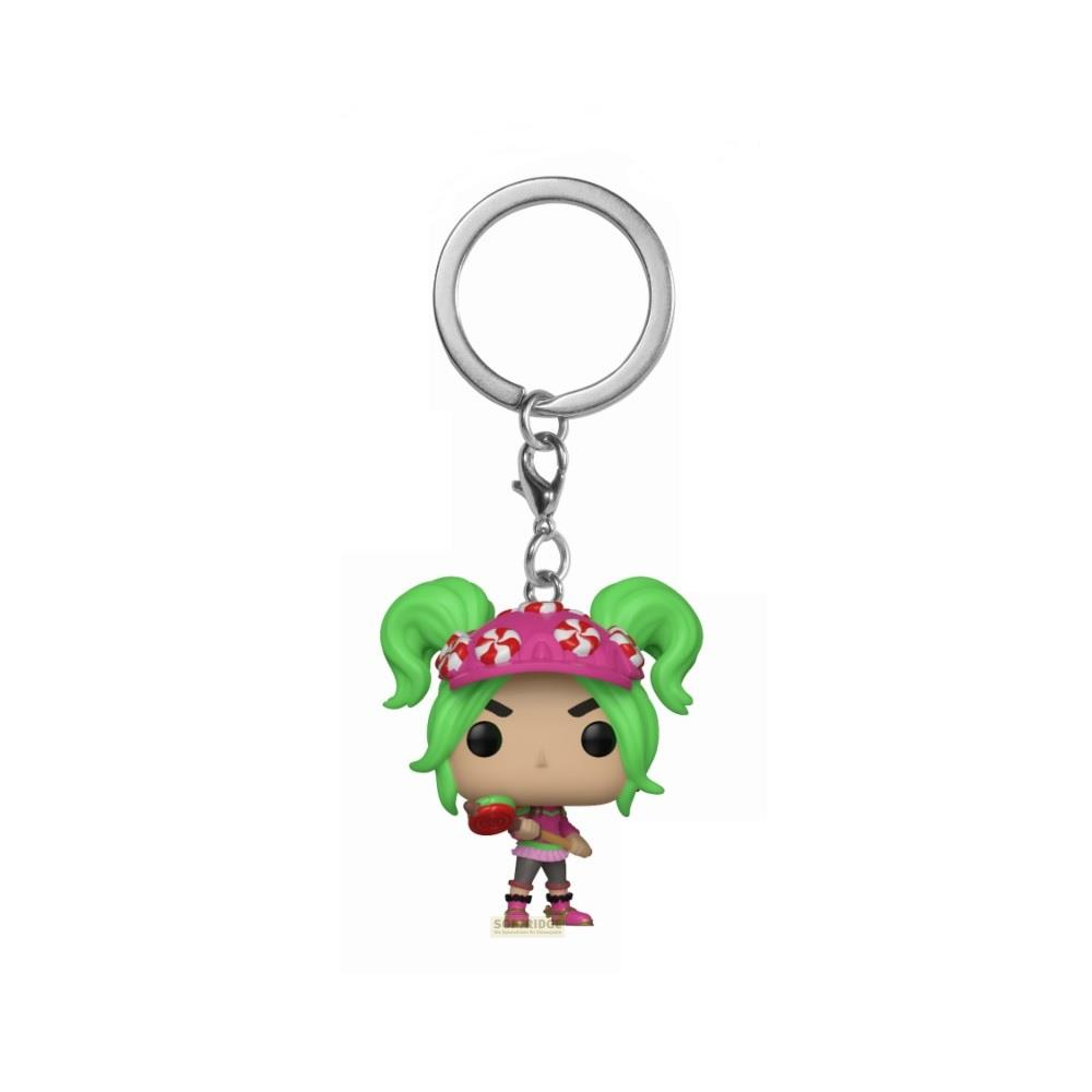 Ein Funko Pop Schlüsselanhänger mit grünen Haaren und einem Bonbonhut.
