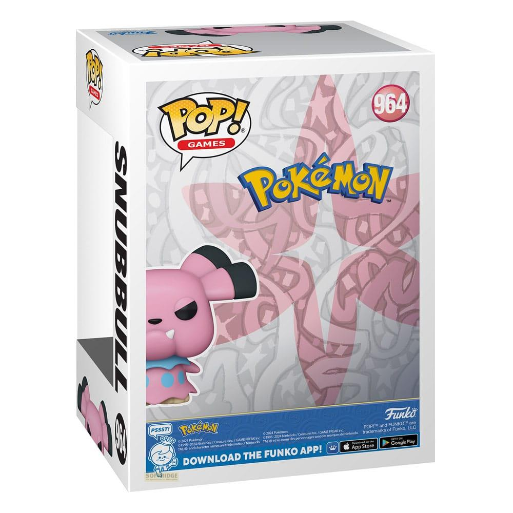 Różowa figurka Funko Pop! Snubbull Pokémon z niebieskimi akcentami na pudełku.