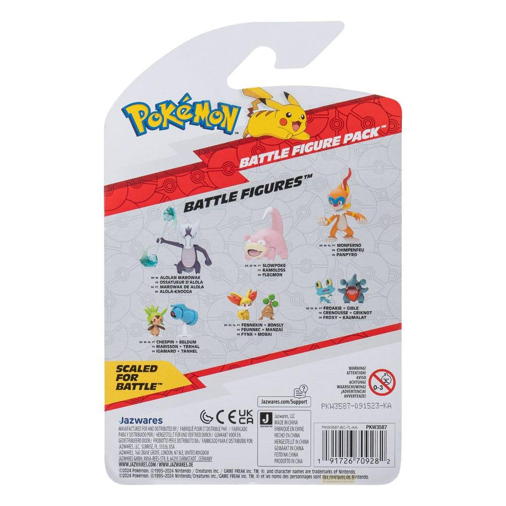 Verpackung mit Pokémon-Kampffiguren-Set: Pikachu, Alolan Marowak, Slowpoke, Monferno, Fennekin, Froakie.