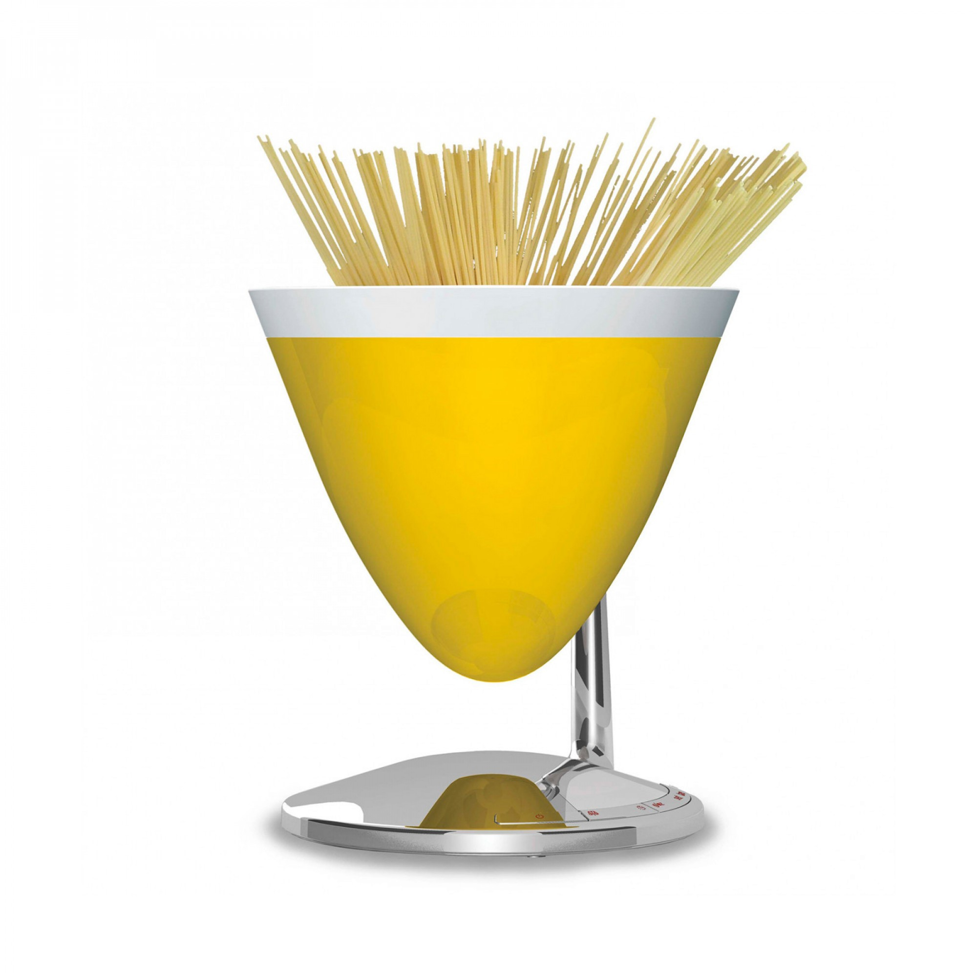 Un porta spaghetti giallo su un supporto cromato con spaghetti.