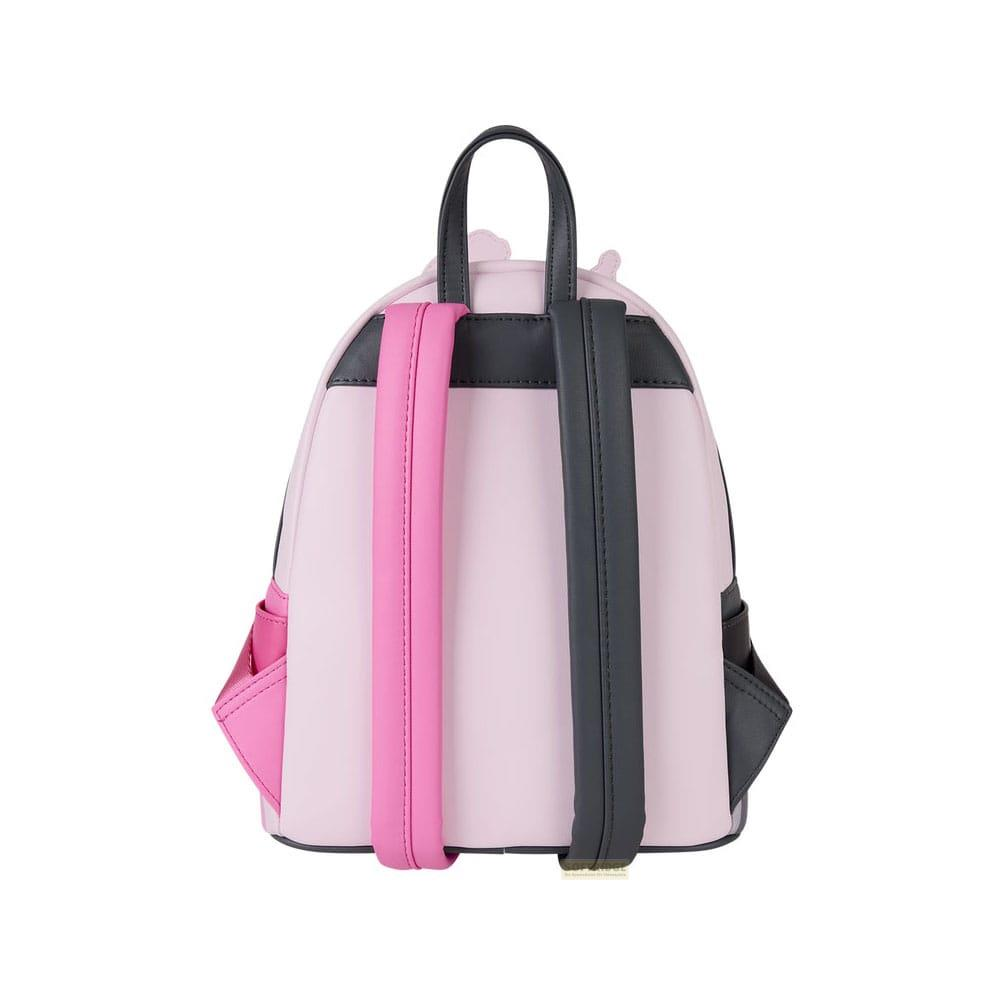 Rückansicht eines pinken Rucksacks mit grauen Trägern und Taschen.
