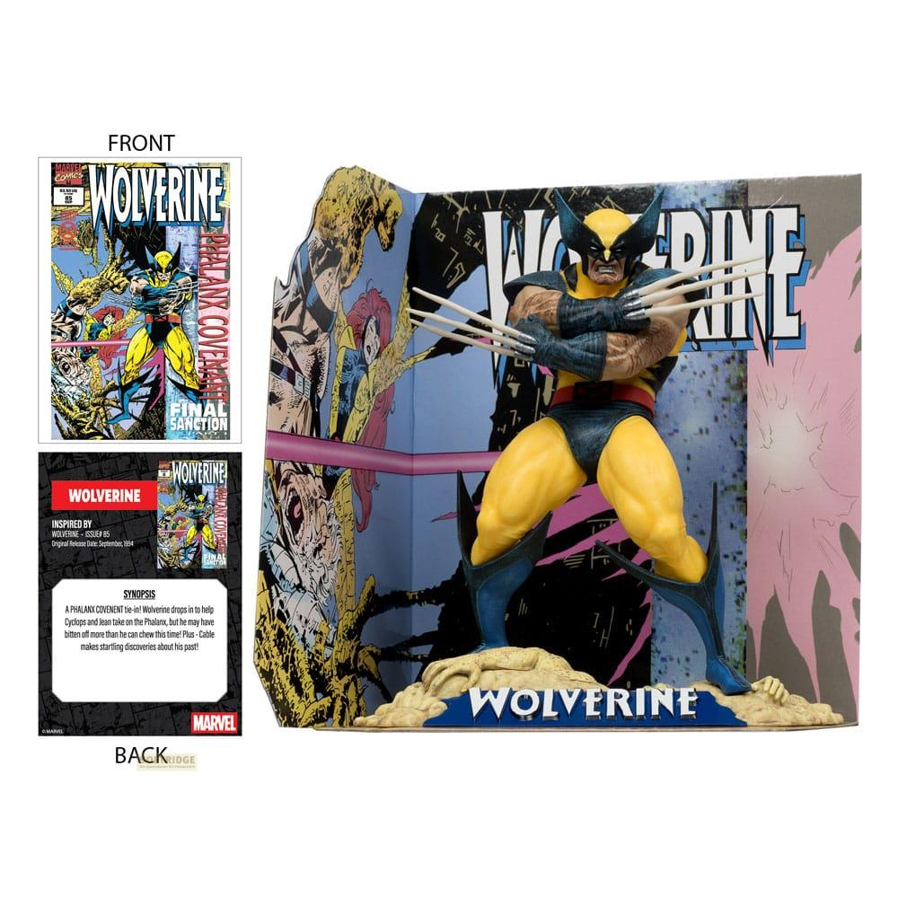 Wolverine-Figur mit ausgefahrenen Krallen vor Comic-Kulisse. Comic-Cover abgebildet.