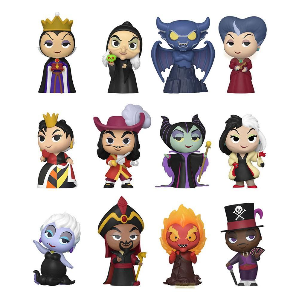 12 Disney-Schurken-Figuren in einer Reihe, einige mit Kronen, einige mit Hüten.