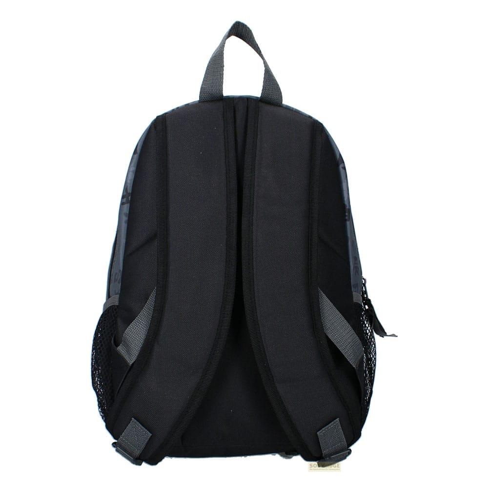 Rückseite eines schwarzen Rucksacks mit grauen Trägern und Netztaschen.