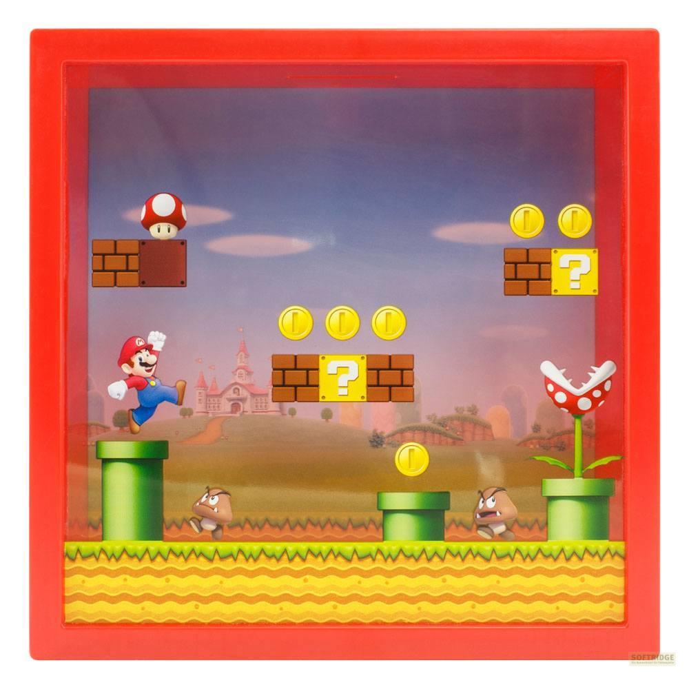 Mario springt auf eine grüne Röhre, Goombas und eine Pflanze mit Maul.