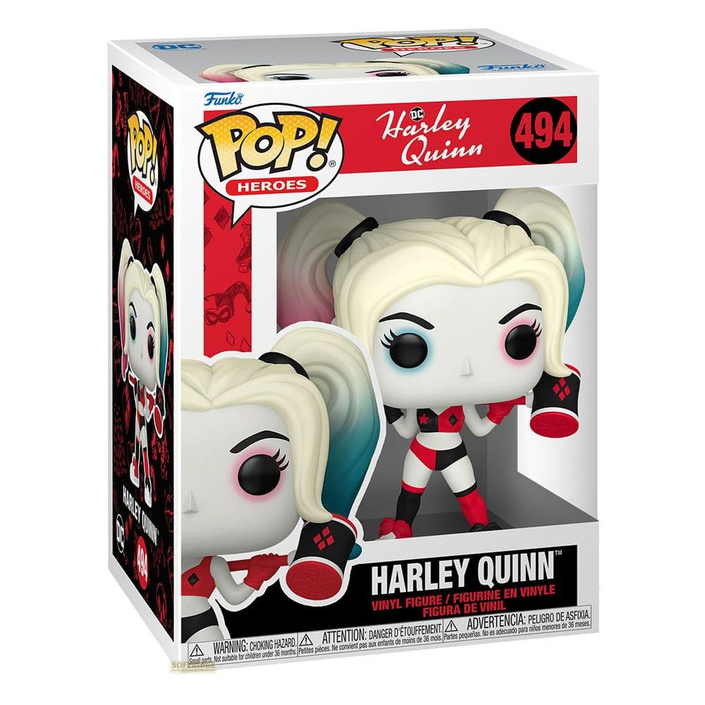 Figurka winylowa Funko Pop! Harley Quinn w pudełku. Ma blond warkocze i nosi swój klasyczny strój.