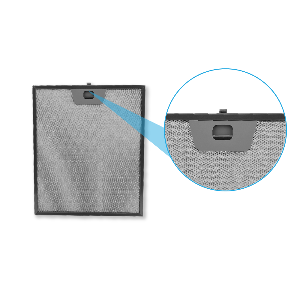 Grauer Dunstabzugshaubenfilter mit Detailansicht eines Clips.