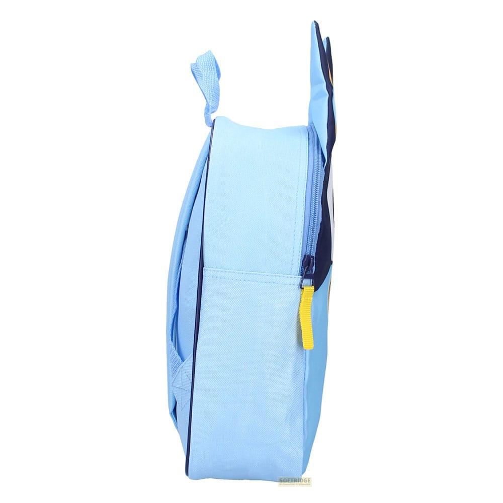 Lichtblauwe rugzak met gele ritslip, zijaanzicht.