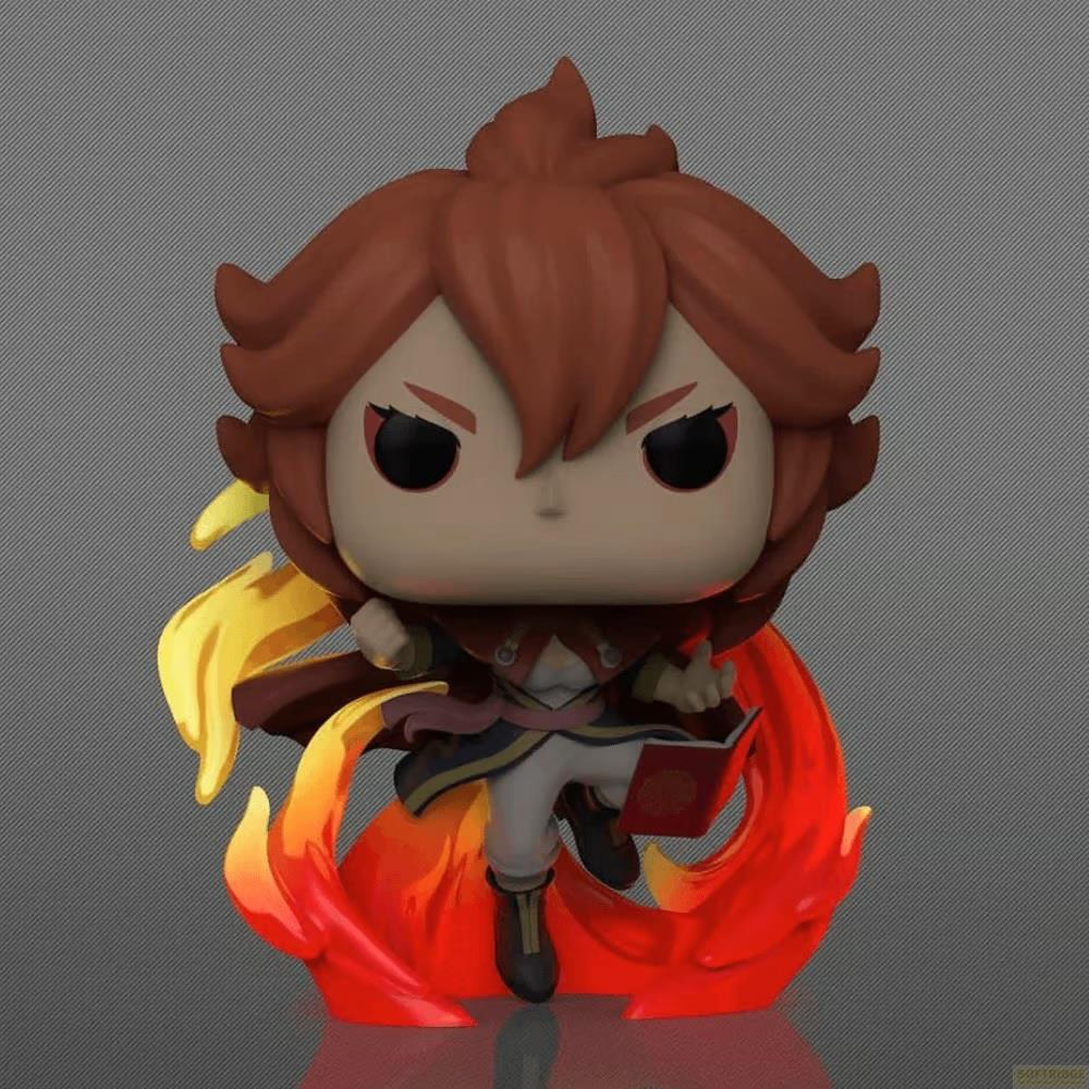Eine Funko-Puppe mit braunem Haar, die vor Flammen steht und ein Buch hält.
