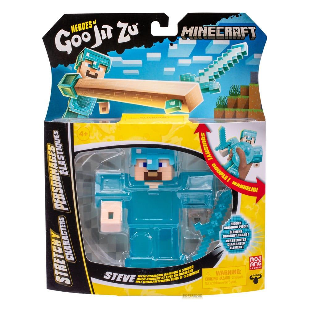 Figura de acción de Steve de Minecraft con armadura de diamante azul y espada.