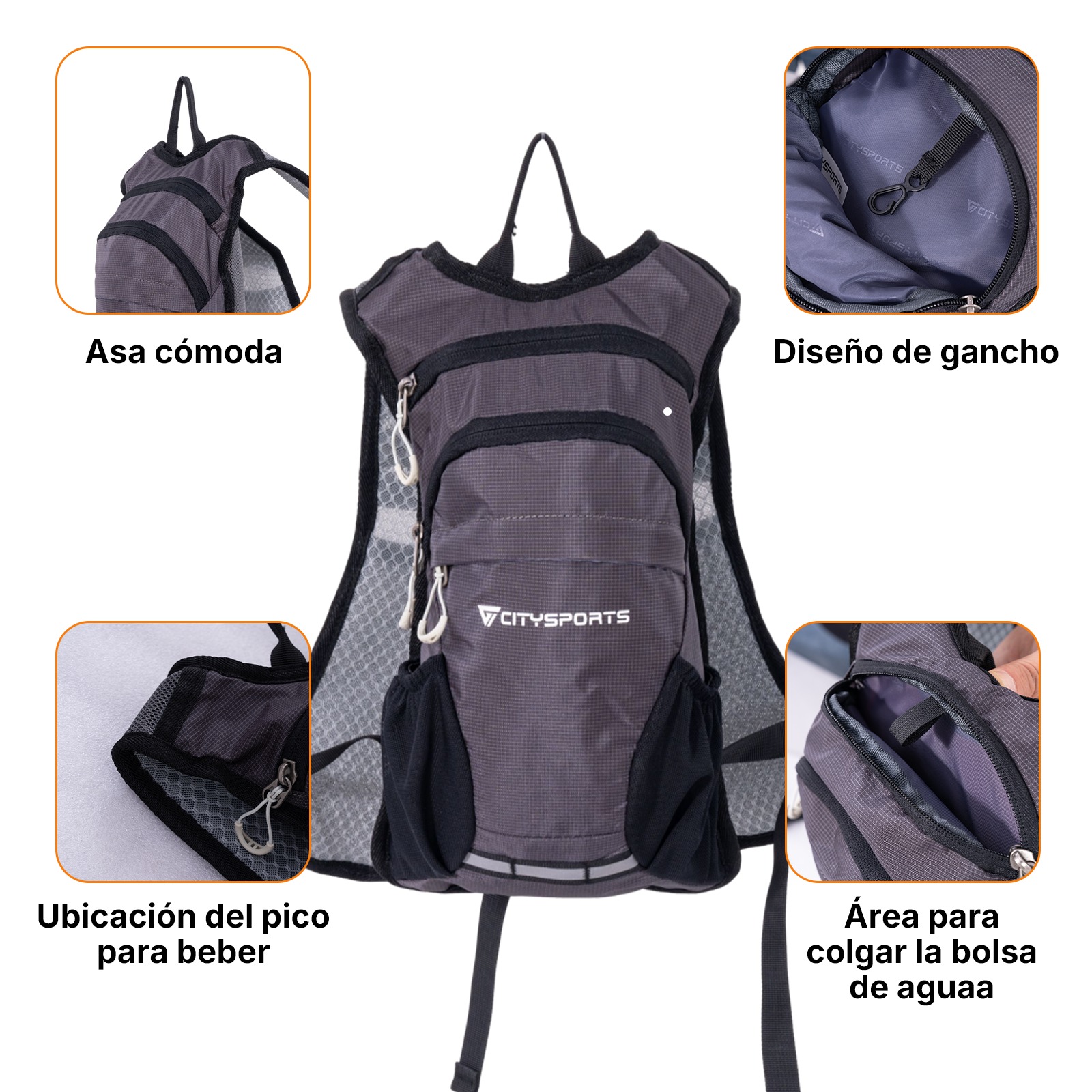 Mochila gris con múltiples compartimentos y correas. Muestra detalles como gancho y pico.