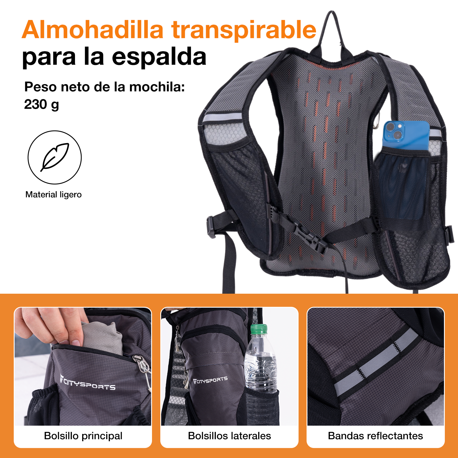 Mochila de running gris con bolsillo para móvil, portabotellas y reflectantes.