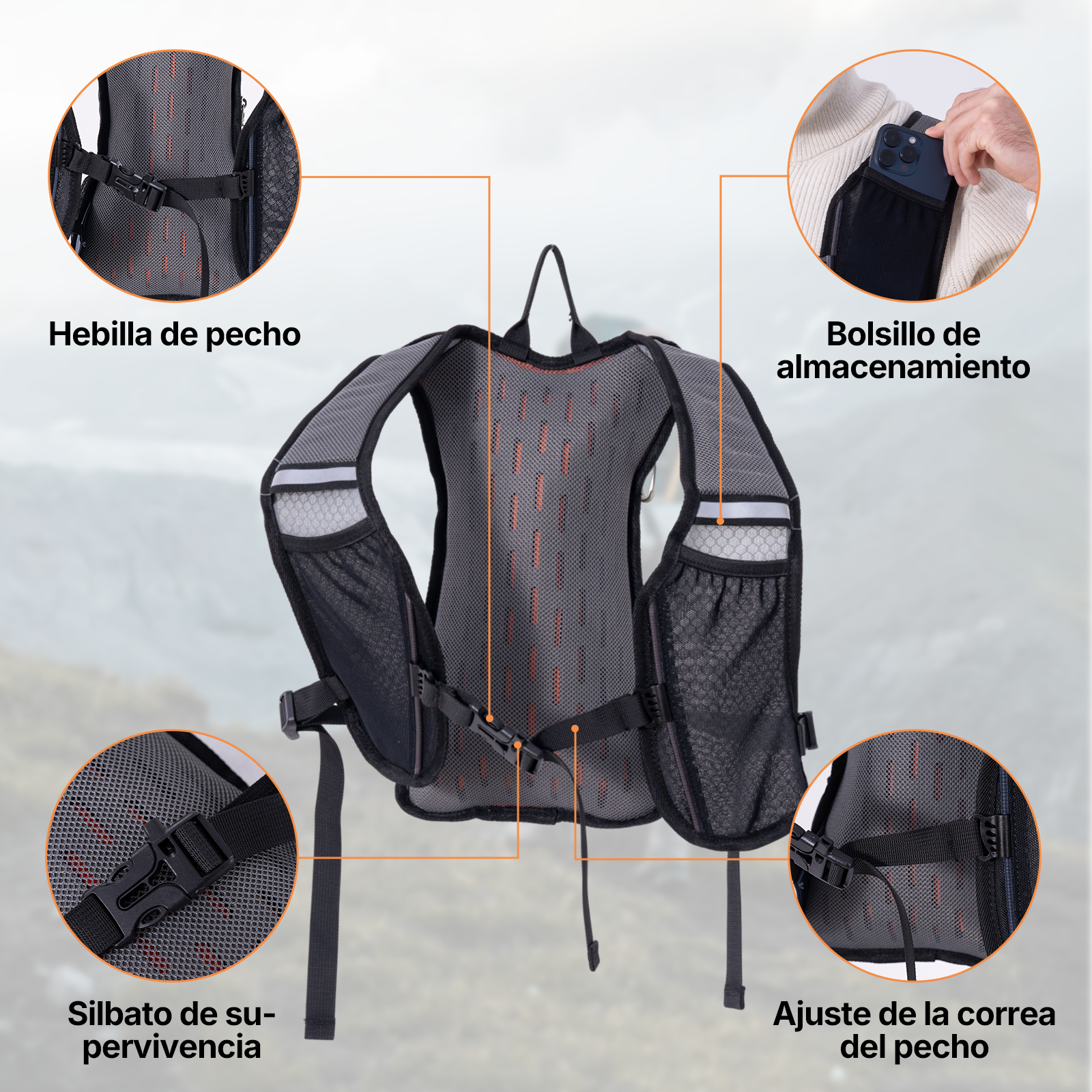 Un chaleco de running negro con correa de pecho, bolsillo y silbato.