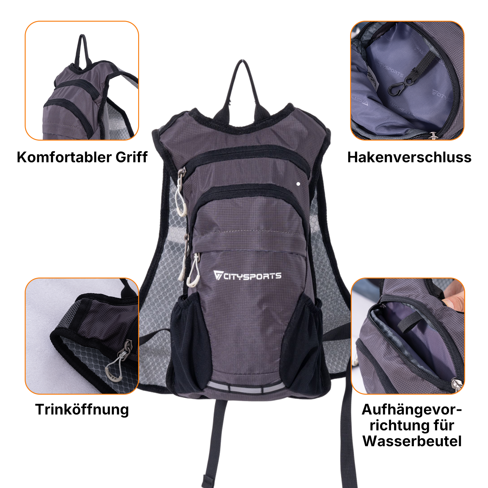 Grauer Rucksack mit mehreren Taschen und Reflektoren. Nahaufnahmen zeigen Details.