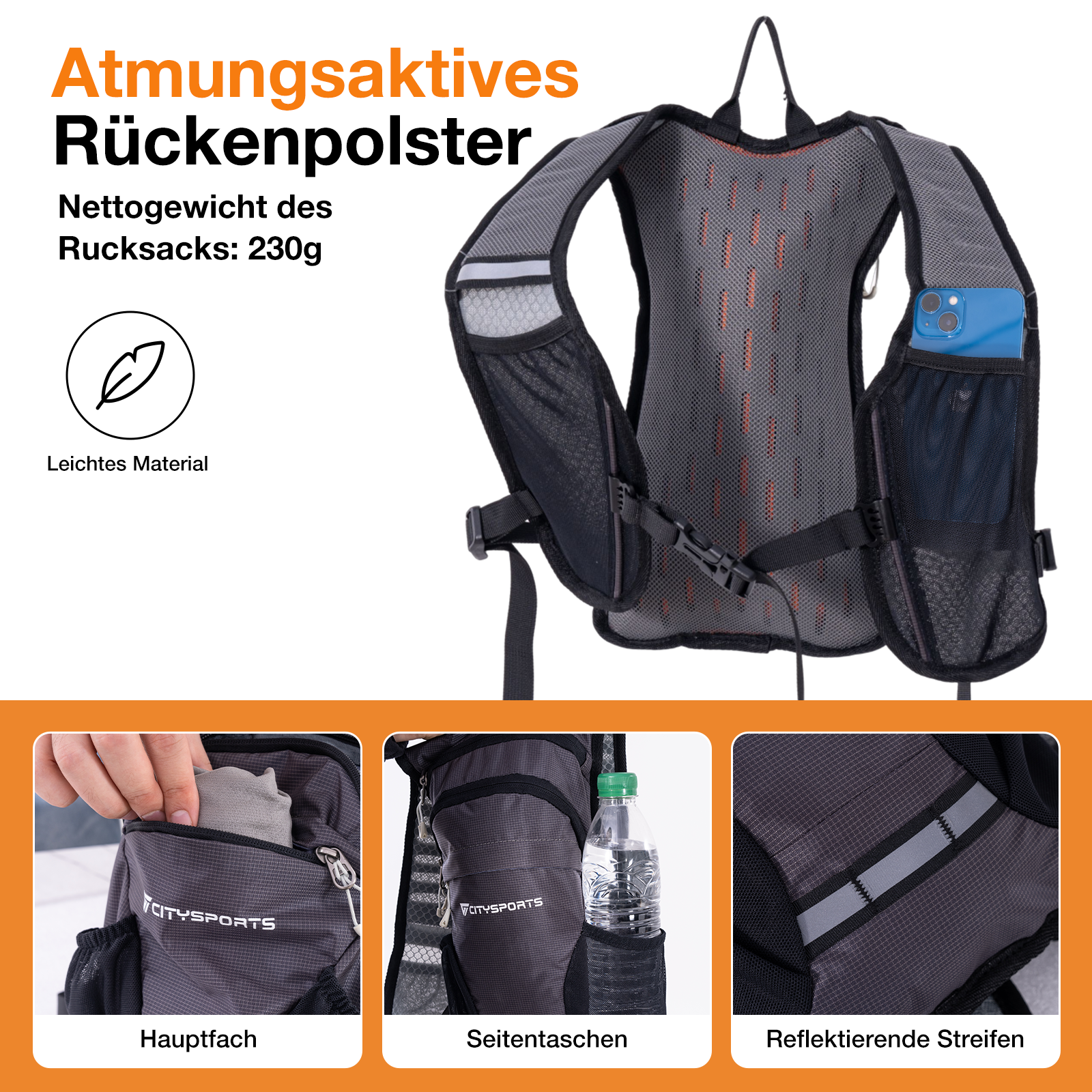 Grauer Rucksack mit Belüftung und reflektierenden Streifen. Sieht leicht aus.