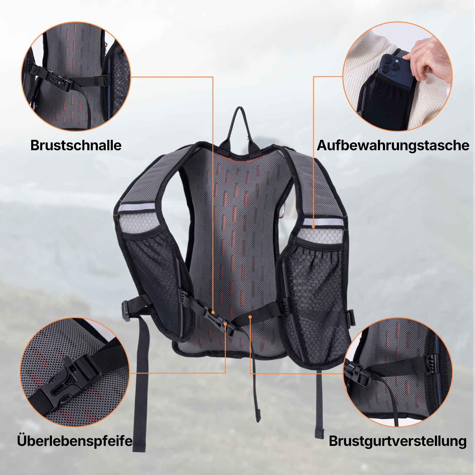 Ein Rucksack mit mehreren Taschen und Riemen. Ein Handy wird in eine Tasche gesteckt.