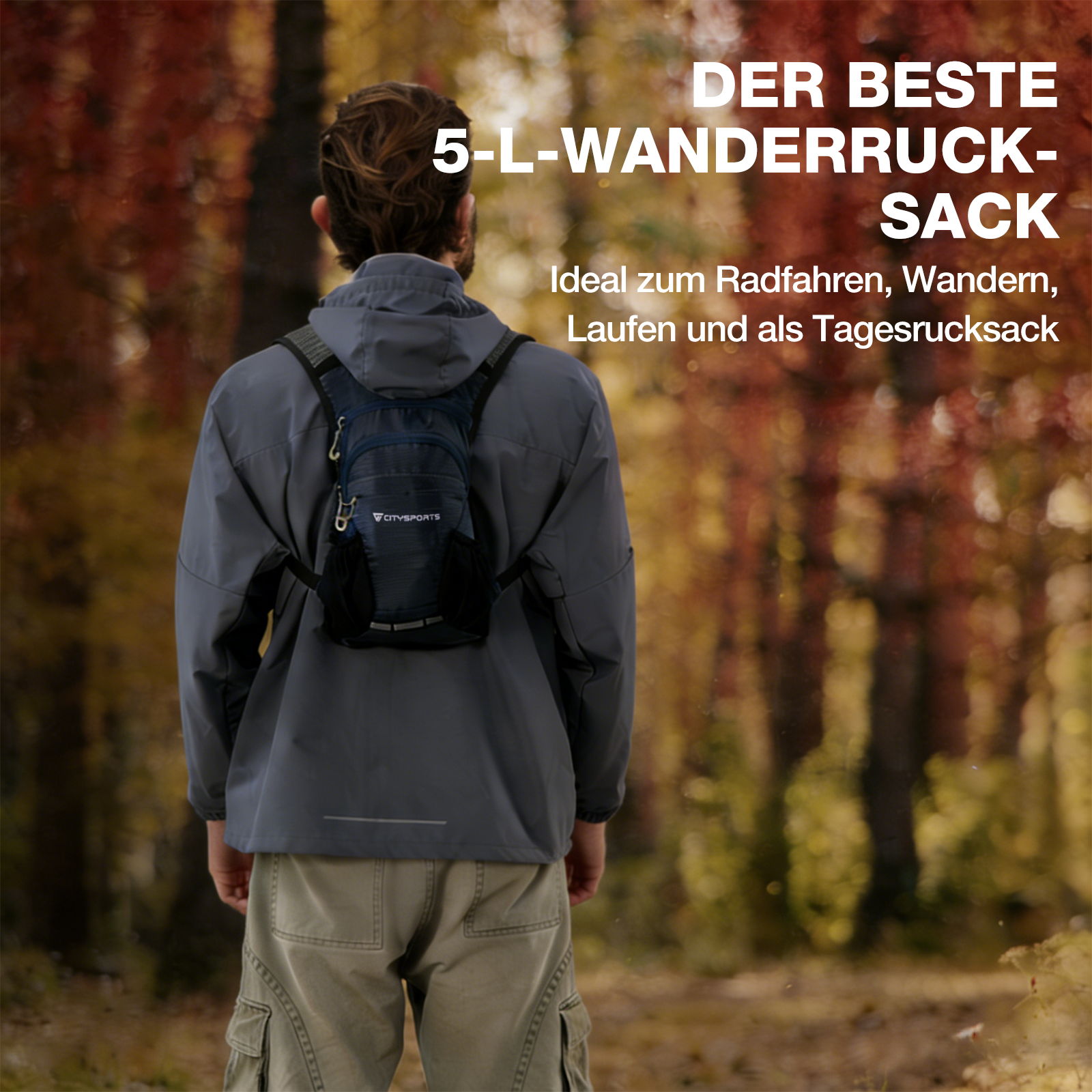 Mann mit blauem Rucksack im Herbstwald. Text auf Deutsch.