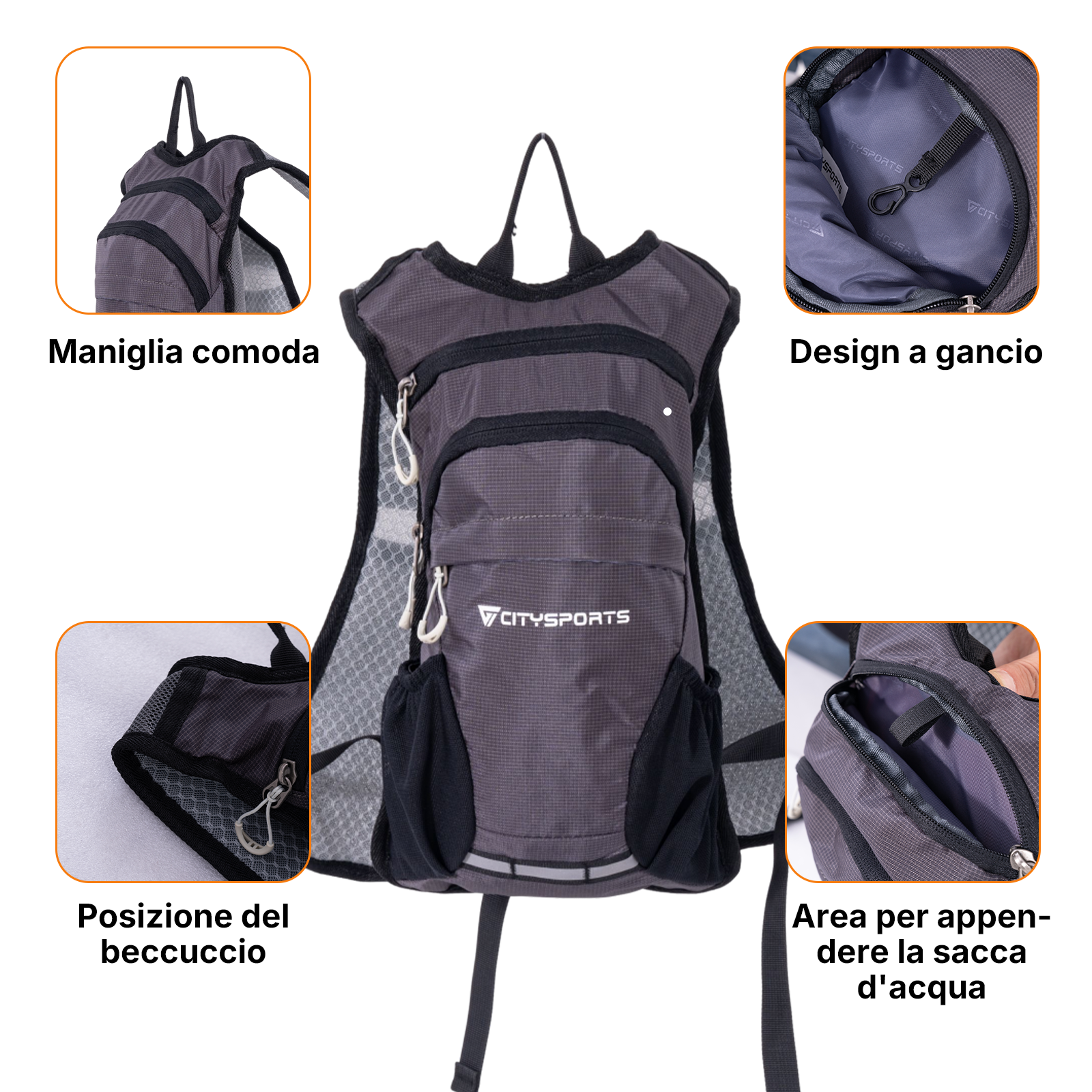 Zaino grigio con tasche e zip, con primi piani dei dettagli.