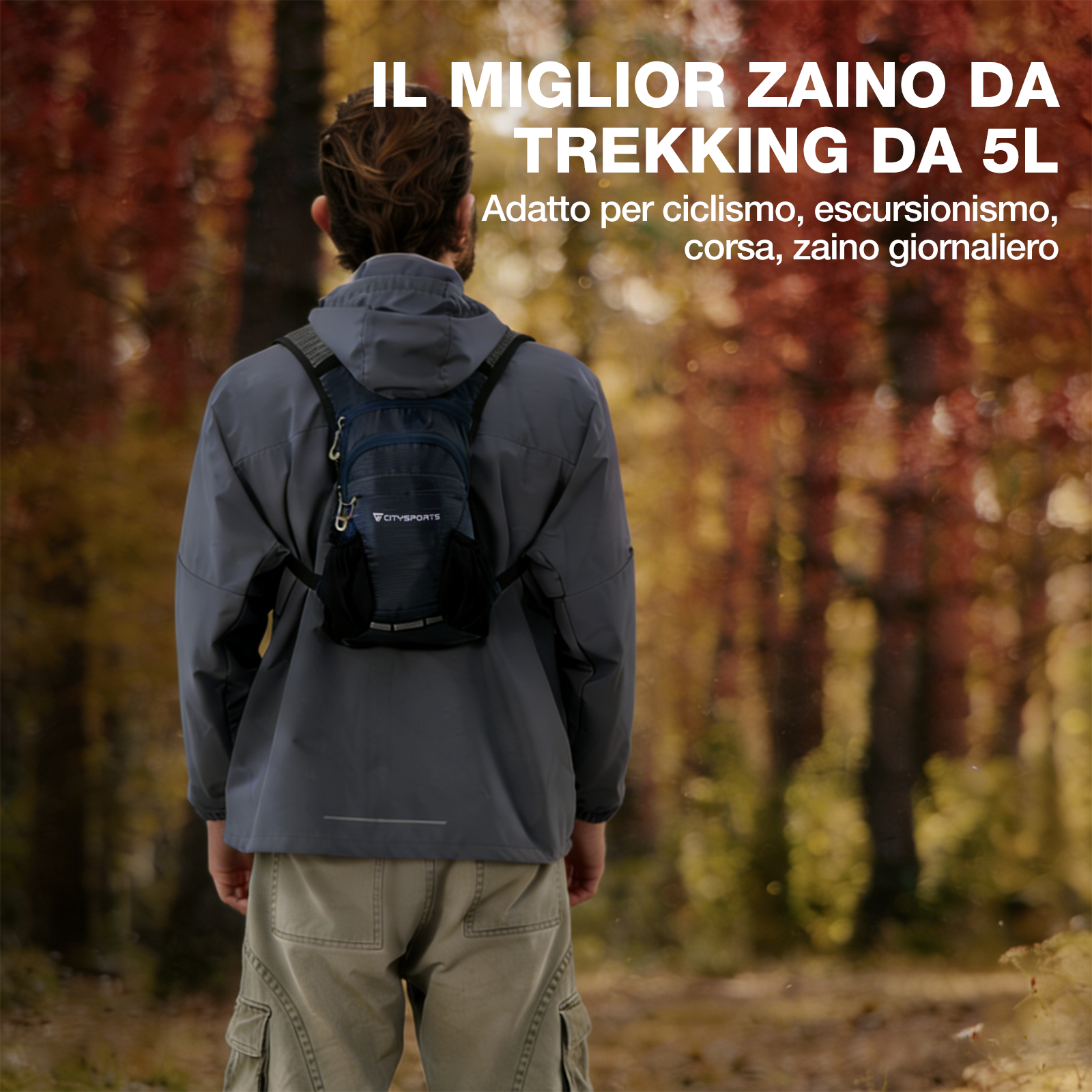 Uomo con zaino blu, nel bosco, fogliame autunnale.