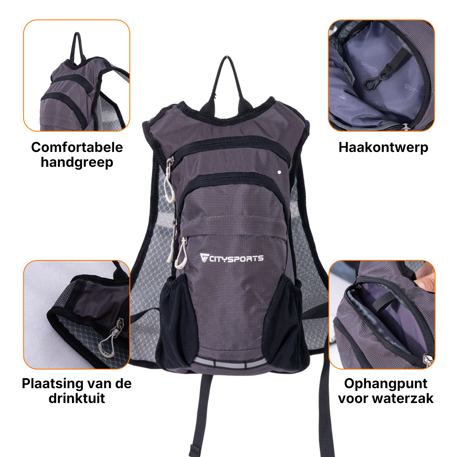 Gray backpack with multiple pockets and handle. Details show hook, drink spout, and hanging point.