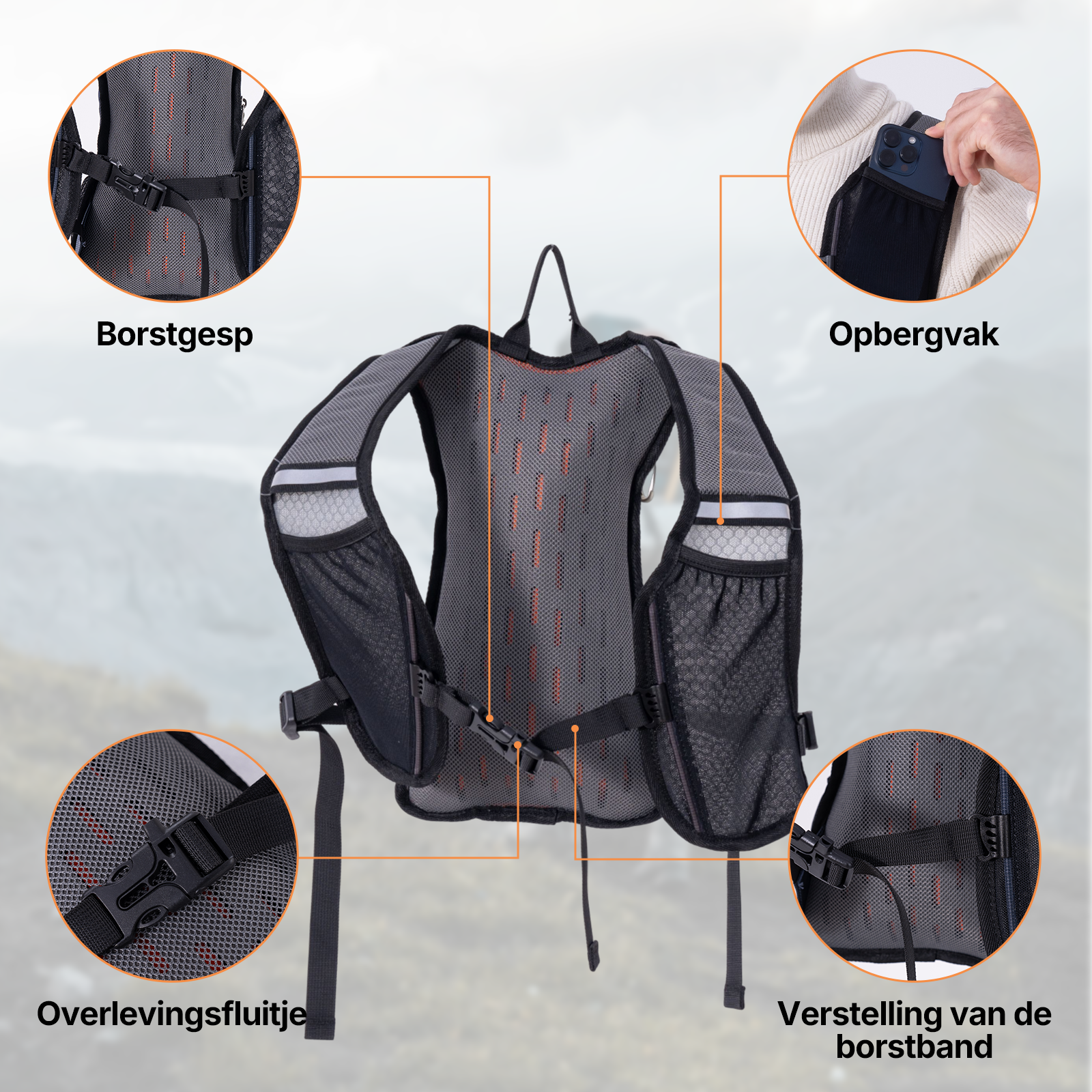 Gray running vest with mesh and orange accents. Shows buckles, pockets, and phone holder.