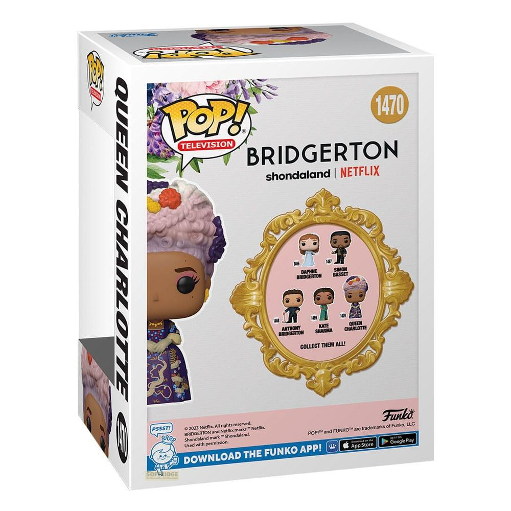 Caja Funko Pop! de Queen Charlotte de Bridgerton, mostrando figuras de personajes.