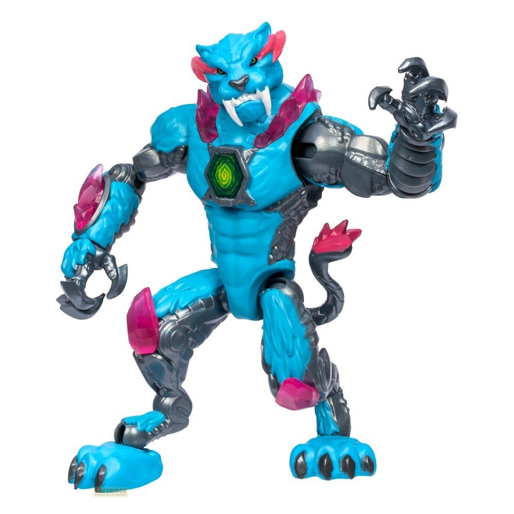 Una figura de acción azul, felina, con extremidades metálicas y acentos rosas.