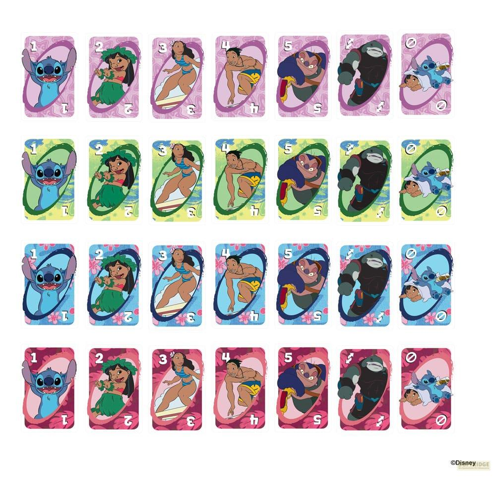 UNO-Karten mit Stitch, Lilo, Jumba und Pleakley in verschiedenen Posen und Farben.
