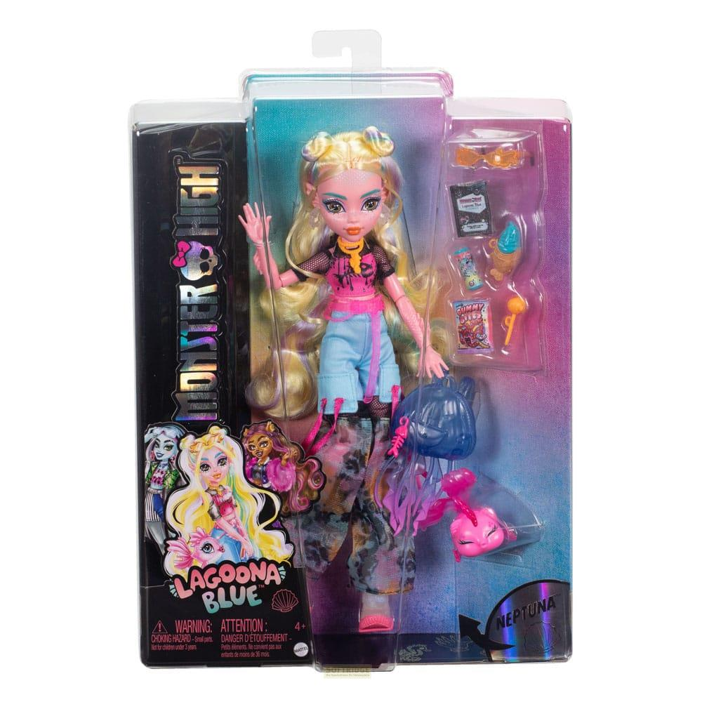 Muñeca Monster High Neptuna en caja con accesorios, shorts azules, top rosa.