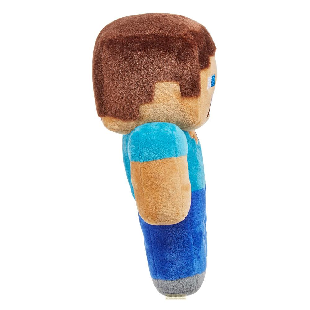 Minecraft Steve Plüschfigur in Blau und Braun, von der Seite gezeigt.