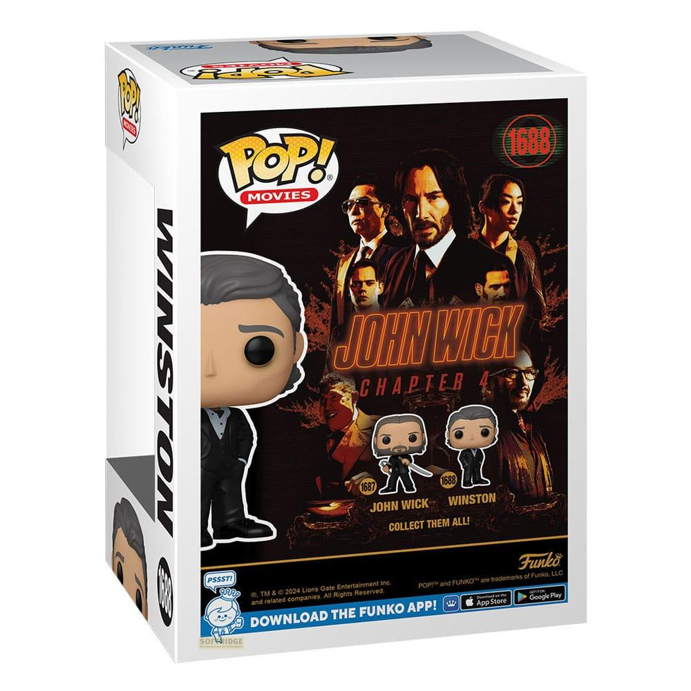 Figura Funko Pop! de Winston de John Wick 4, con póster de película y otras figuras.