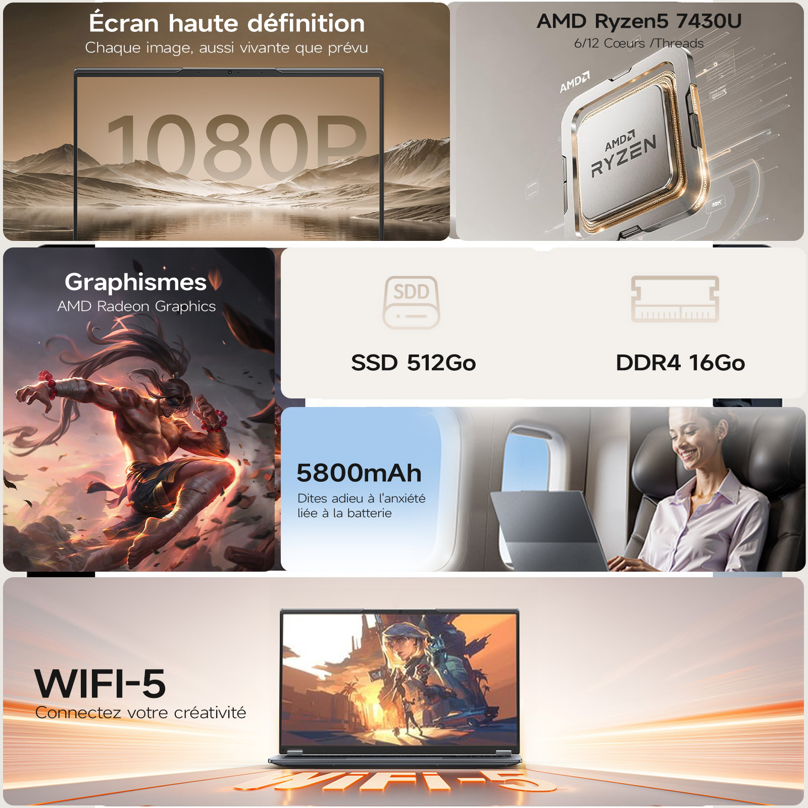 Laptop-Spezifikationen: 1080P-Display, Ryzen 5 7430U, Radeon-Grafik, 512 GB SSD, 16 GB DDR4.