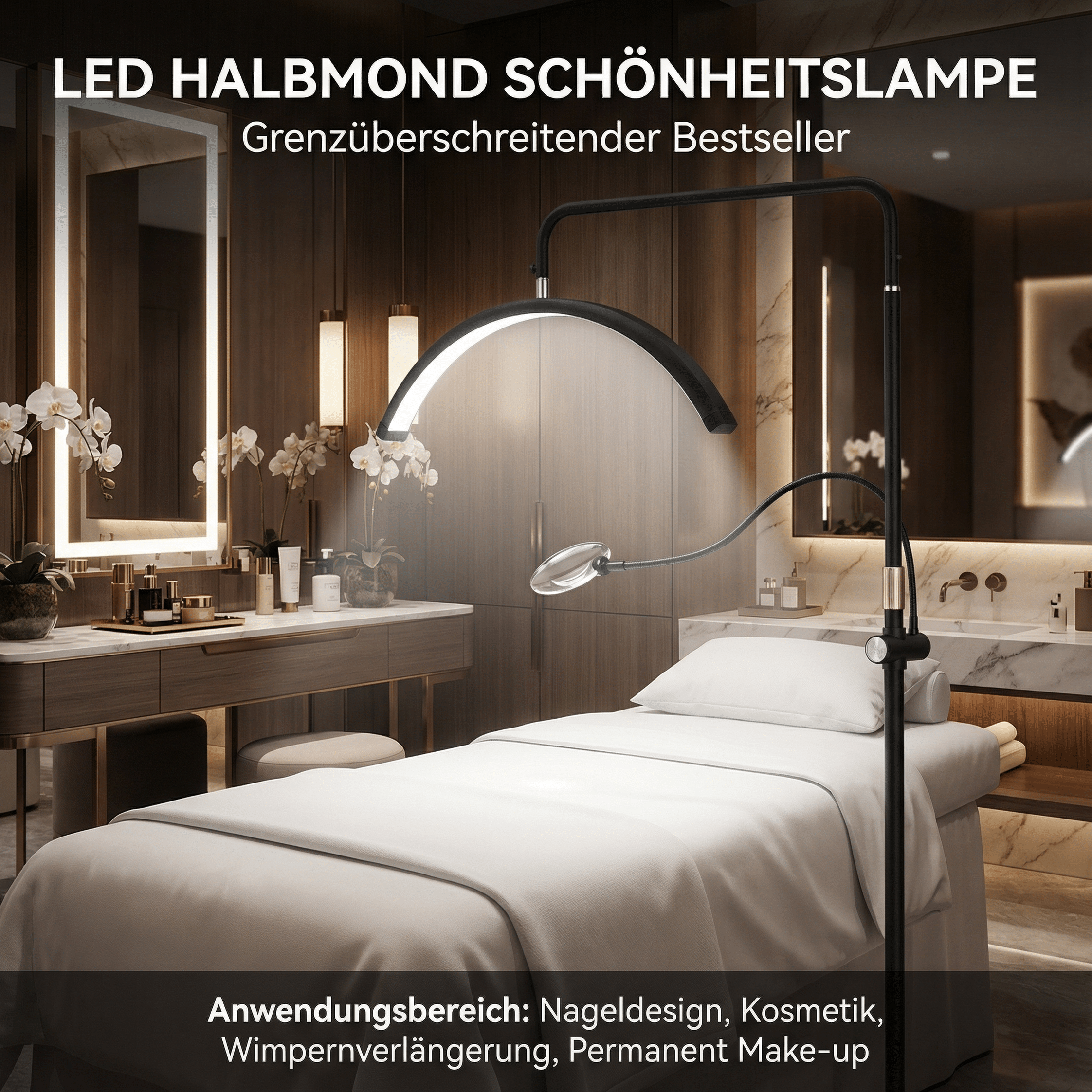 Ein Kosmetikstudio mit einem Bett, einem Spiegel und einer LED-Halmondlampe.