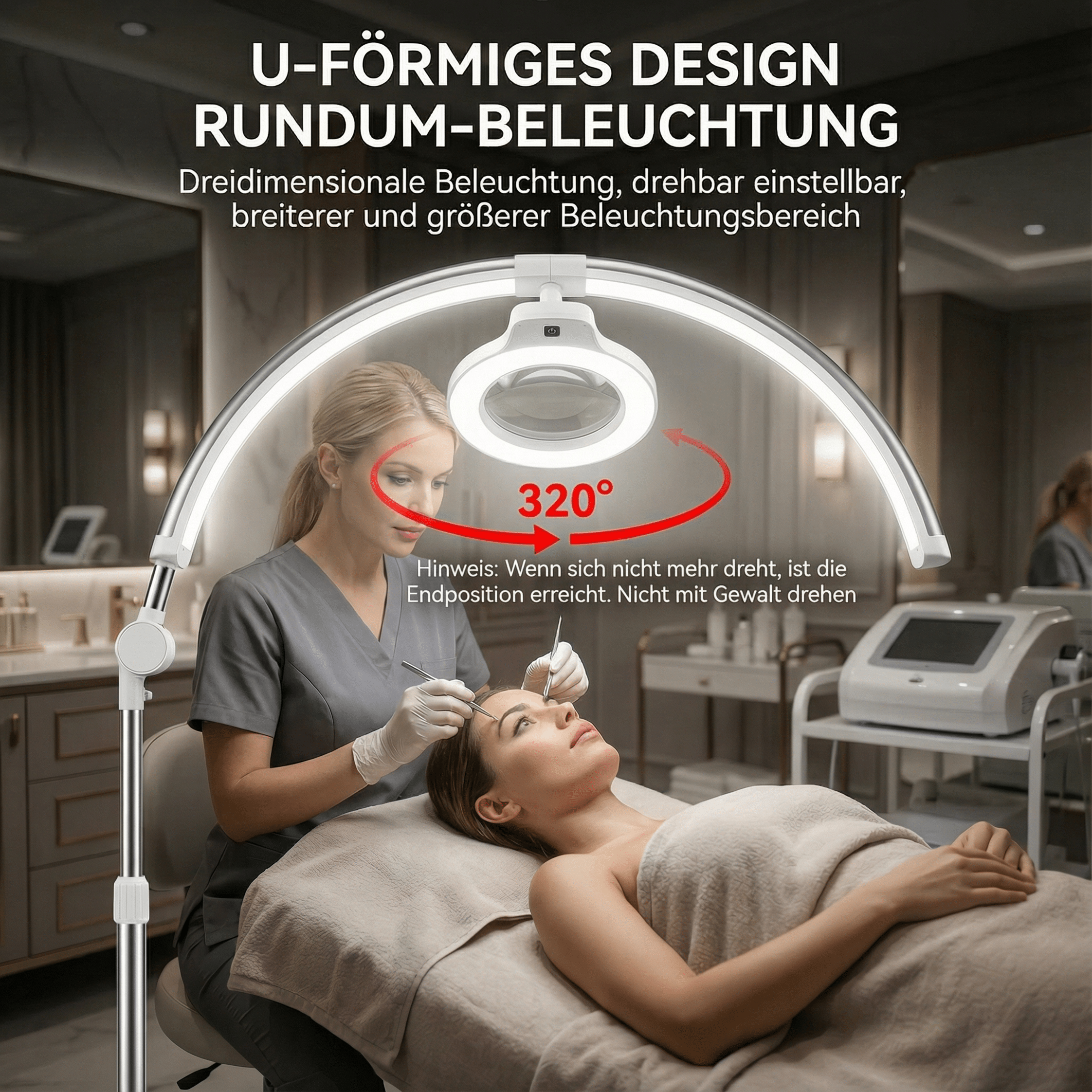 Ein Kosmetiker nutzt eine Ringlampe, um ein Gesicht zu beleuchten.