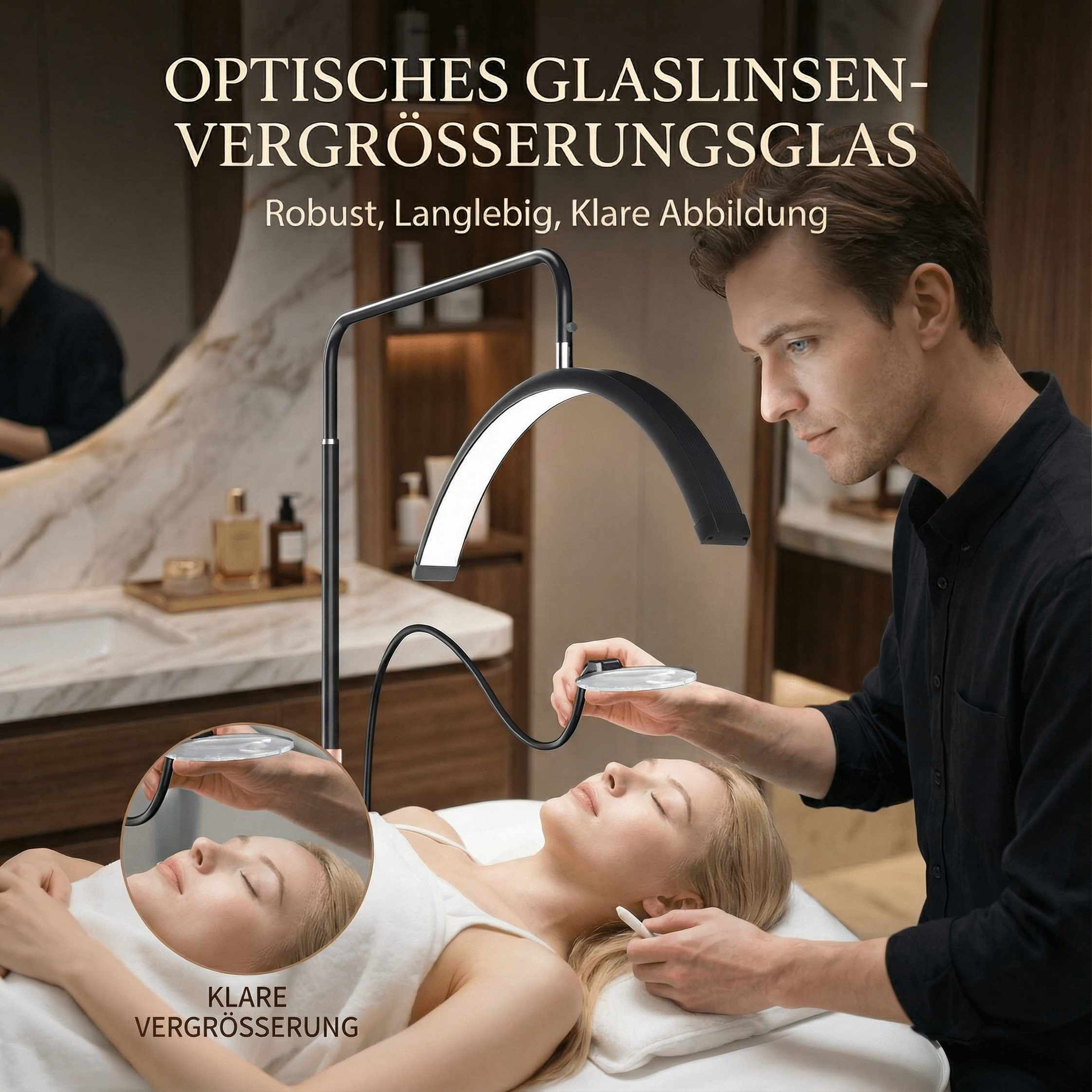 Mann mit Lupe beleuchtet Frau im Schönheitssalon. Heller Schein.