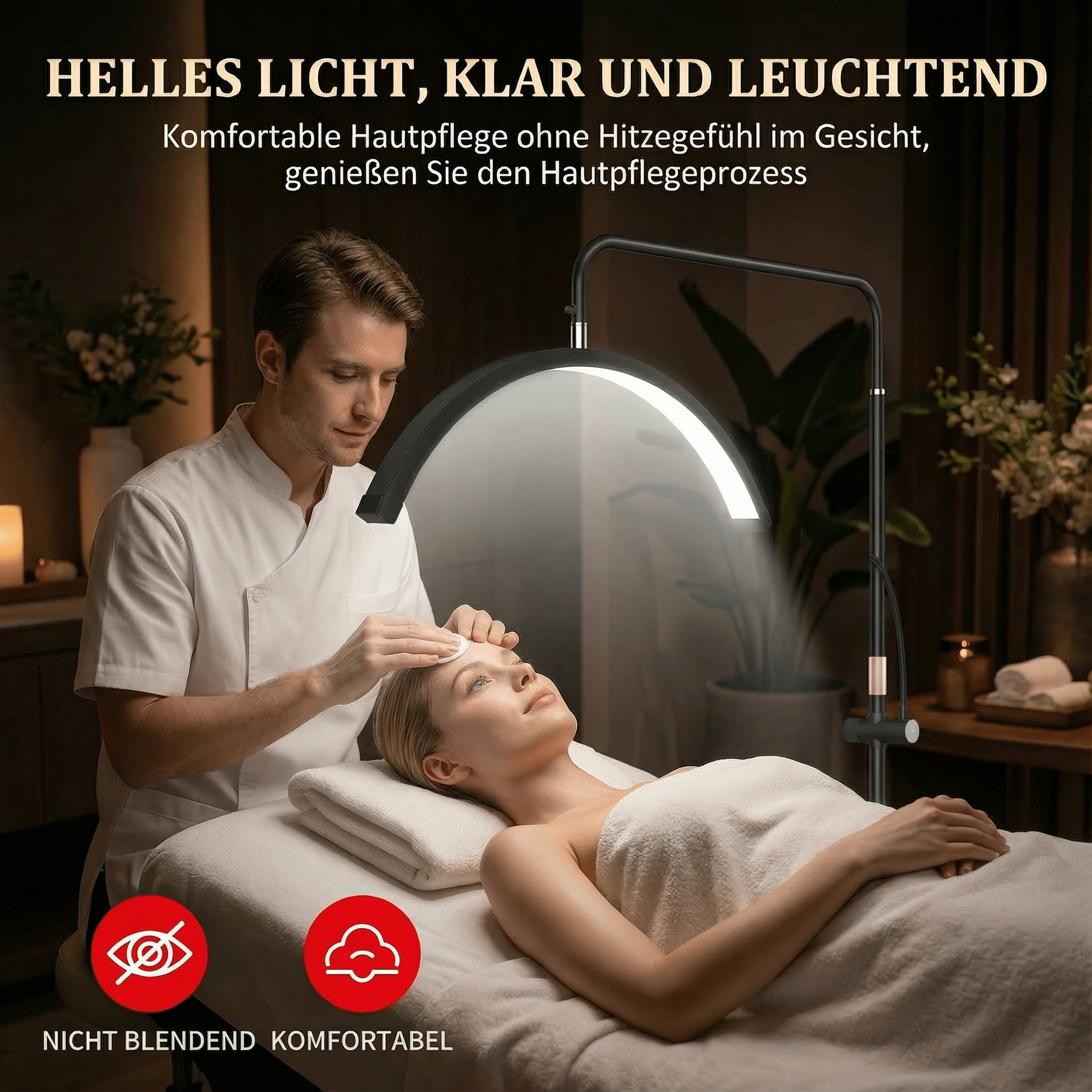 Kosmetiker reinigt Gesicht einer Frau unter hellem Licht.