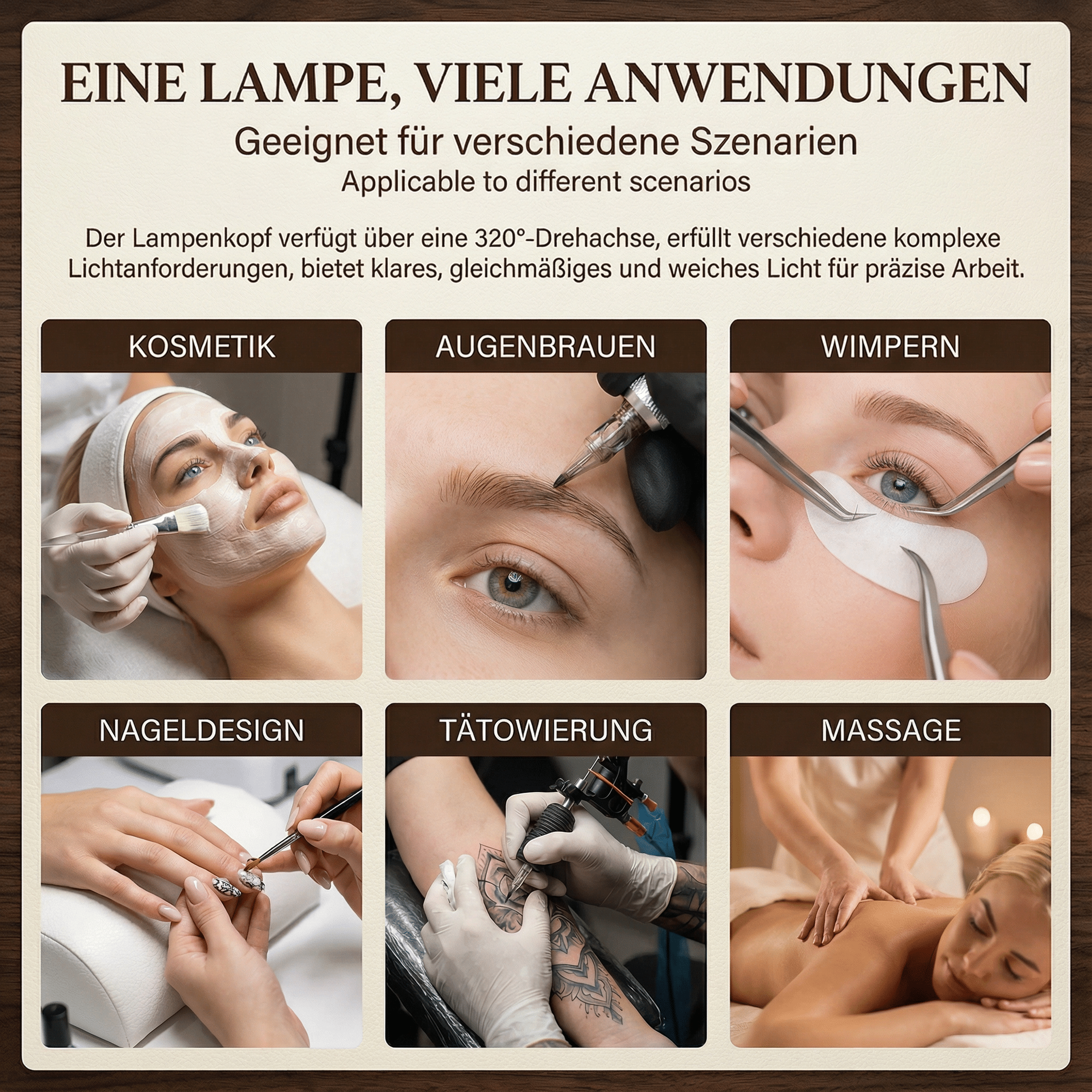 Collage zeigt Kosmetik, Augenbrauen, Wimpern, Nageldesign, Tätowierung, Massage.
