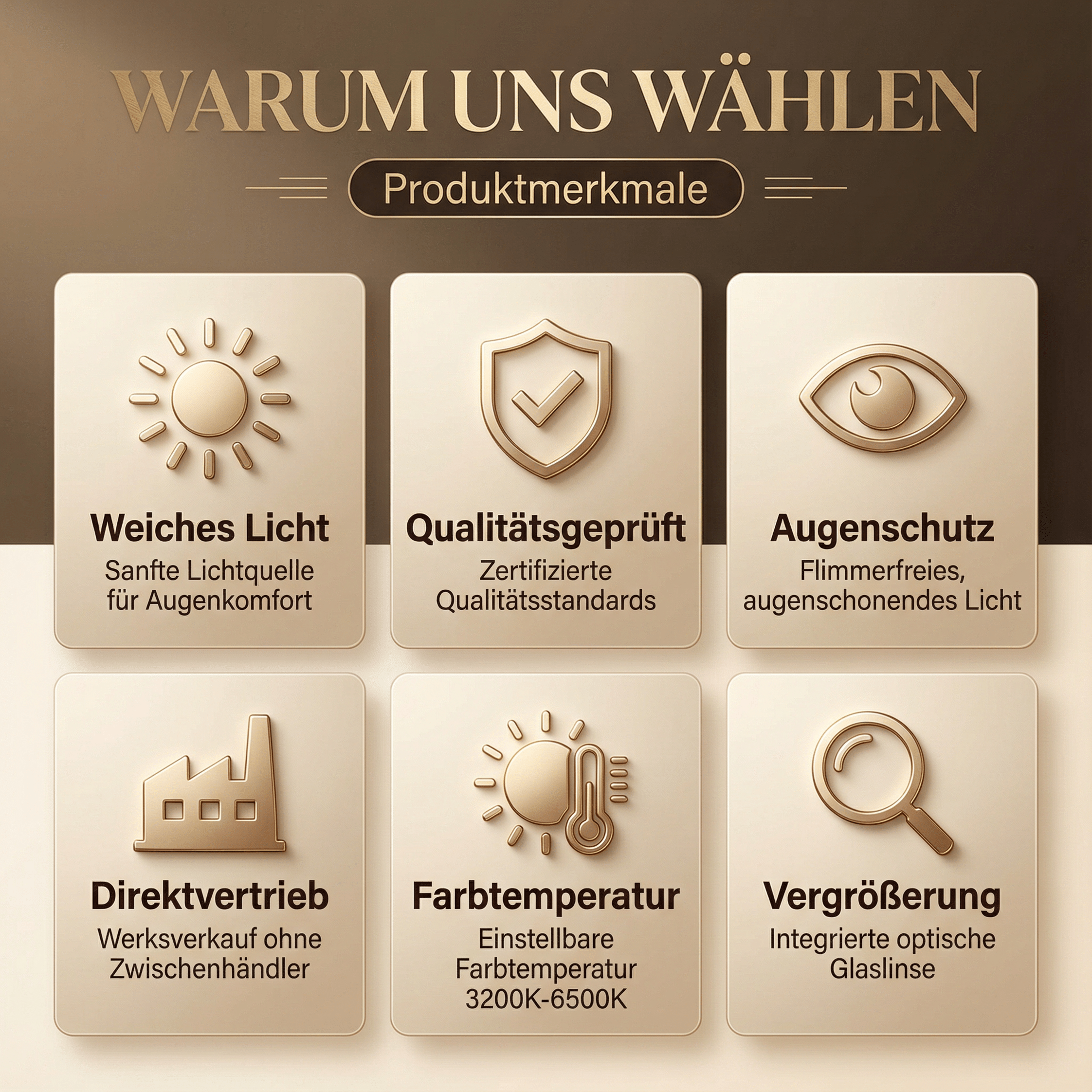 Sechs goldene Symbole mit deutschen Texten: Weiches Licht, Qualitätsgeprüft, Augenschutz, Direktvertrieb, Farbtemperatur, Vergrößerung.