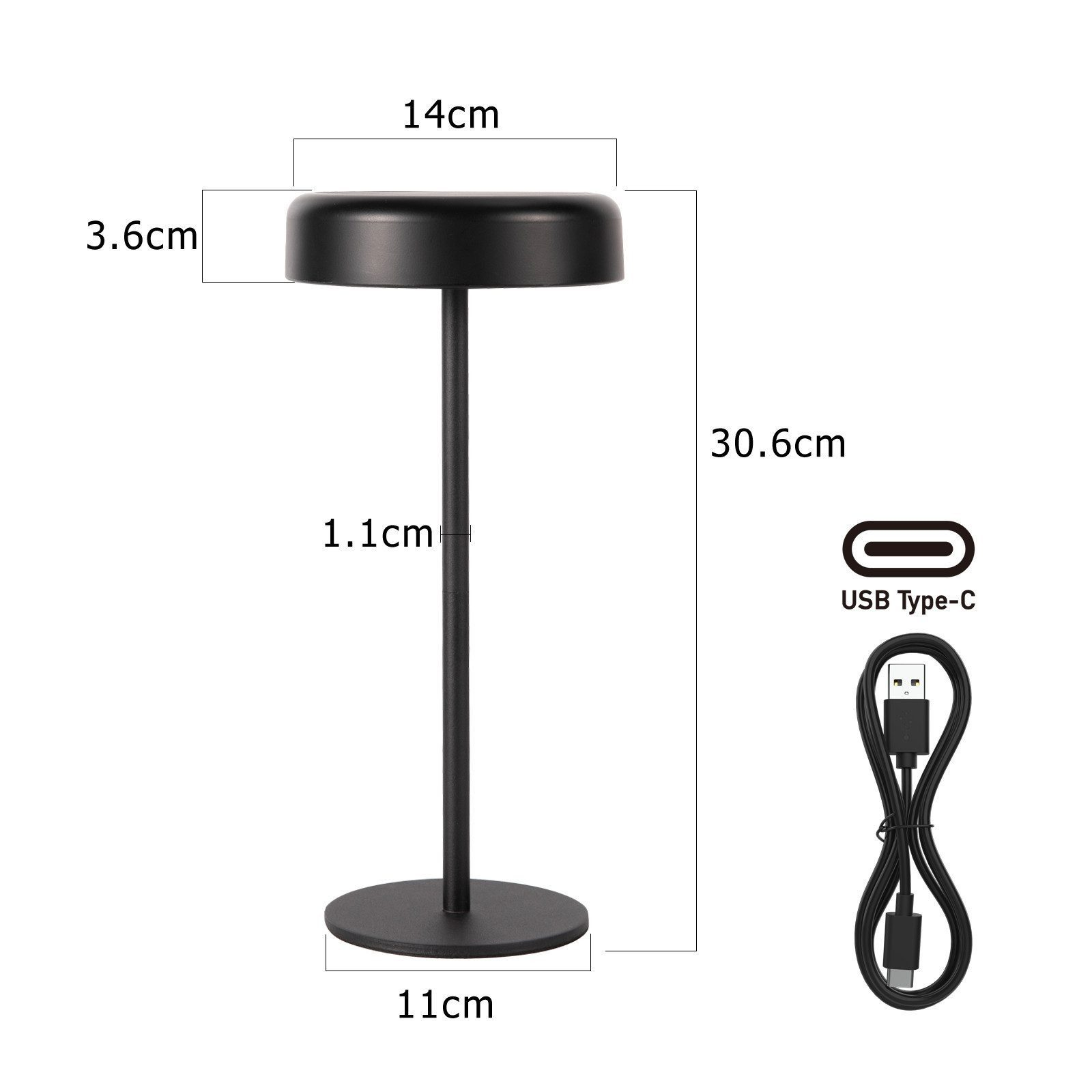 Lampada da tavolo nera con cavo USB-C e dimensioni.