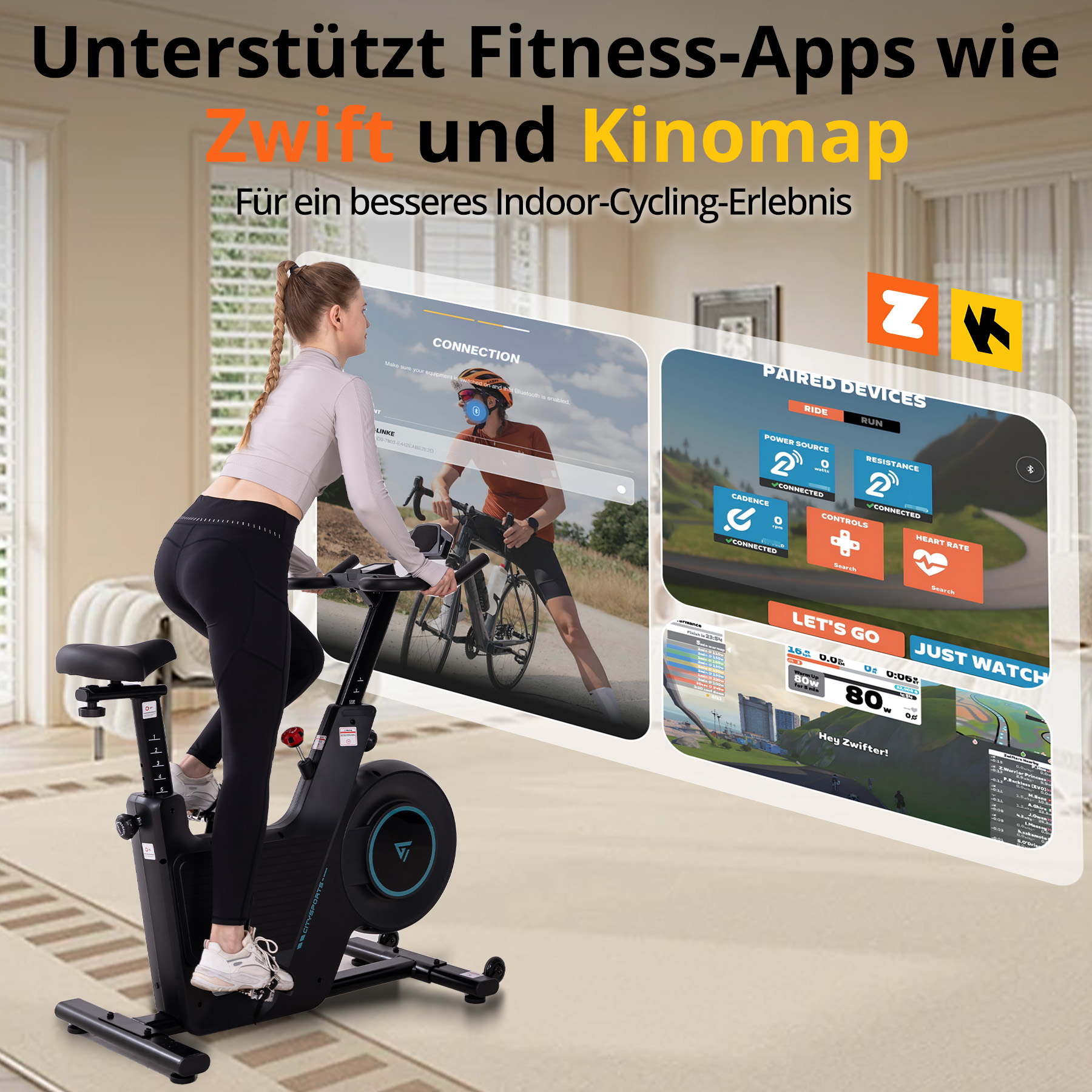 Eine Frau auf einem Heimtrainer, der mit Fitness-Apps verbunden ist, zeigt Trainingsdaten.