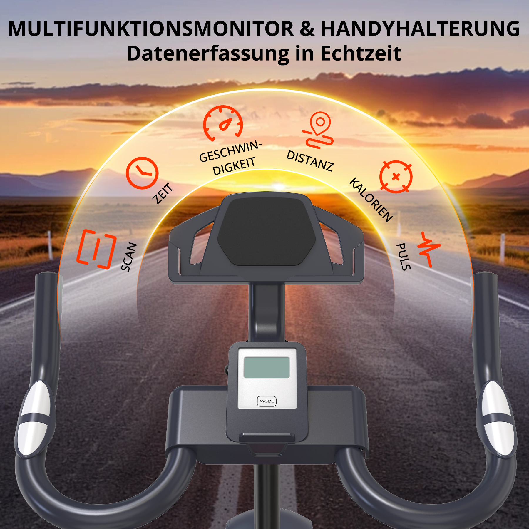 Ergometer mit Multifunktionsmonitor und Handyhalterung vor Sonnenuntergang.