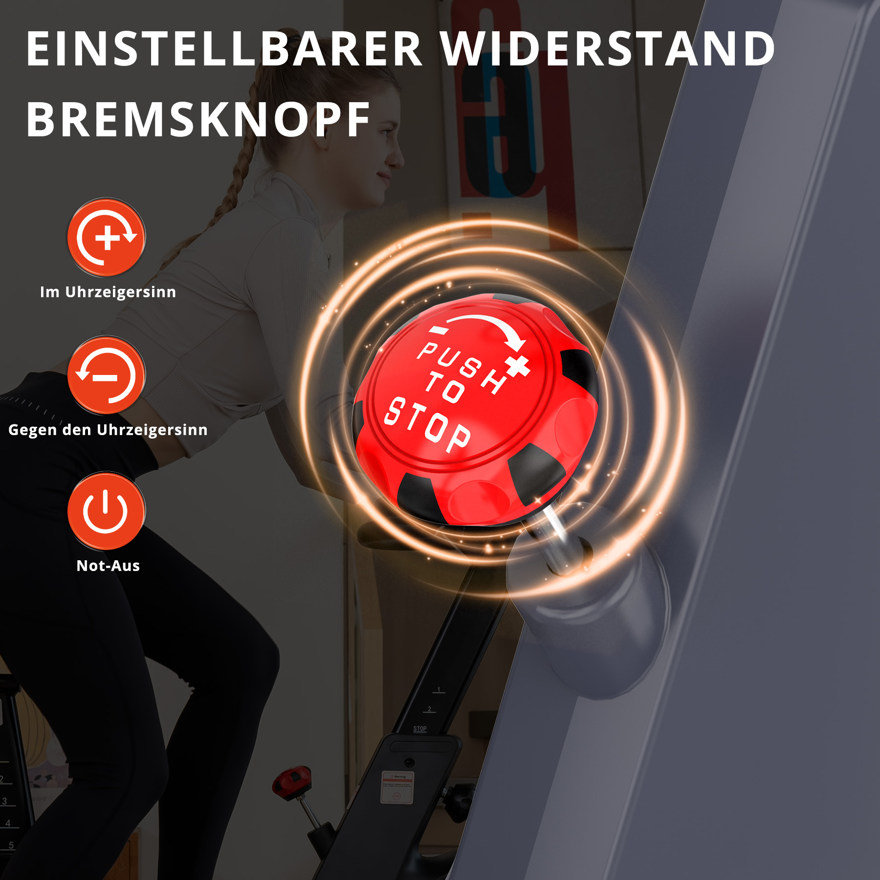 Roter Bremsknopf mit "PUSH TO STOP" auf einem Heimtrainer.