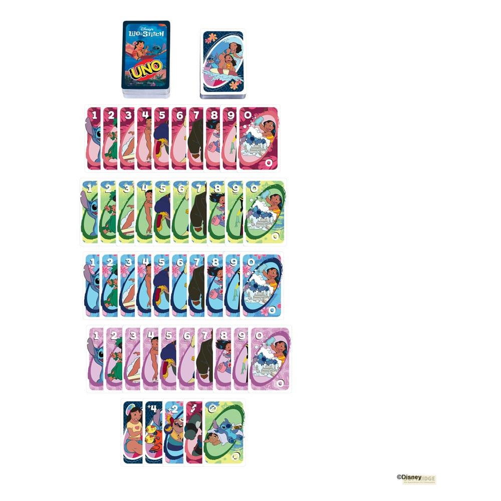 UNO-Spielkarten mit Lilo & Stitch-Motiven, Zahlenkarten und Aktionskarten.