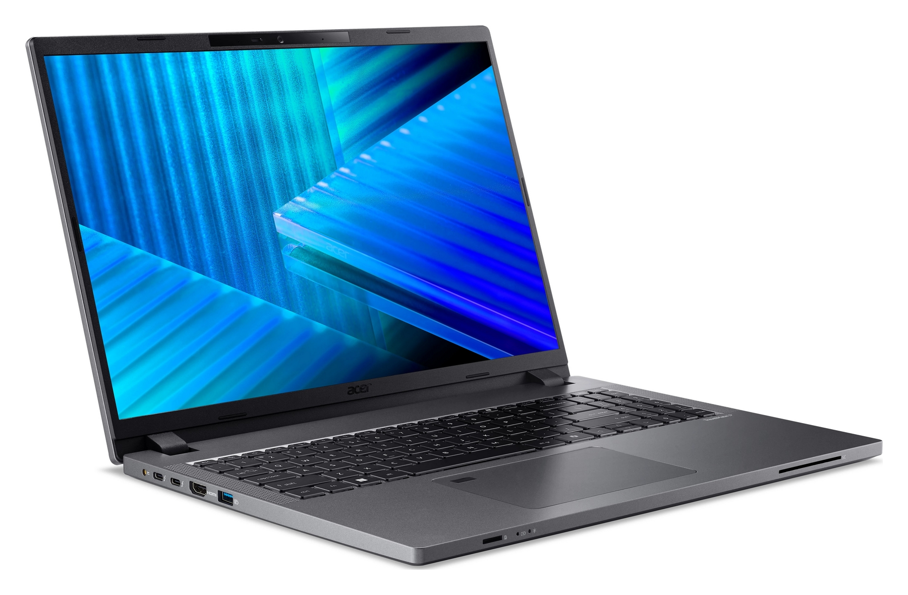 Un laptop Acer grigio scuro mostra uno sfondo astratto blu sullo schermo.