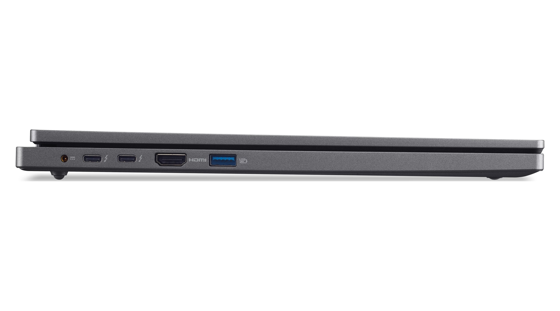 Lato di un laptop grigio con porte: alimentazione, 2x Thunderbolt, HDMI, USB.