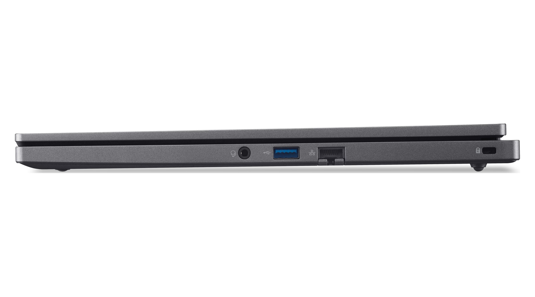 Bordo grigio del laptop con porte: cuffie, USB, Ethernet e ricarica.